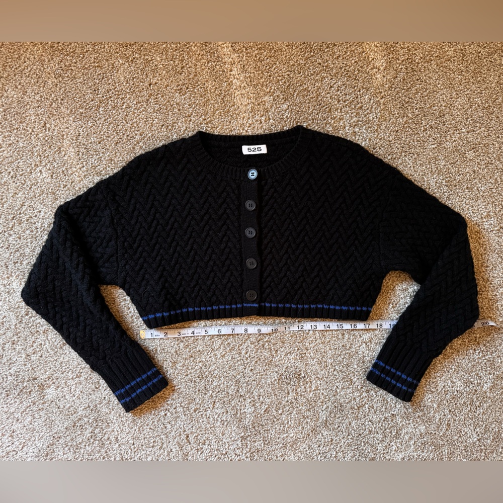 525 America Black Cable Knit Cropped Cardigan with Blue Accent Trim